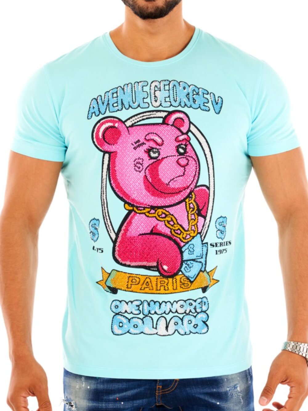 Avenue George V Paris T-Shirt Men's Blue Tee Rhinestone Teddy Bear XL 2XL NWT